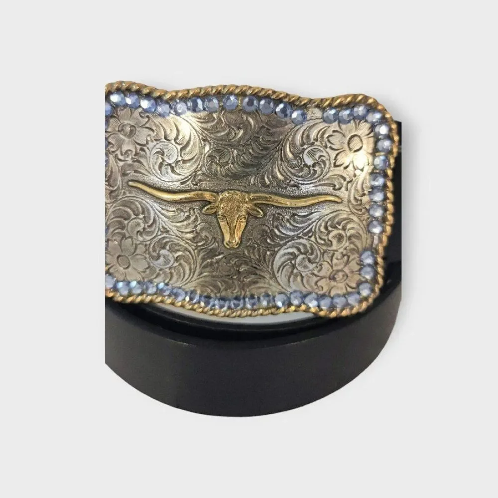 VINTAGE 1995 Amiee Lynn Texas Longhorn Steer Cattle Buckle on Black Leather Belt
